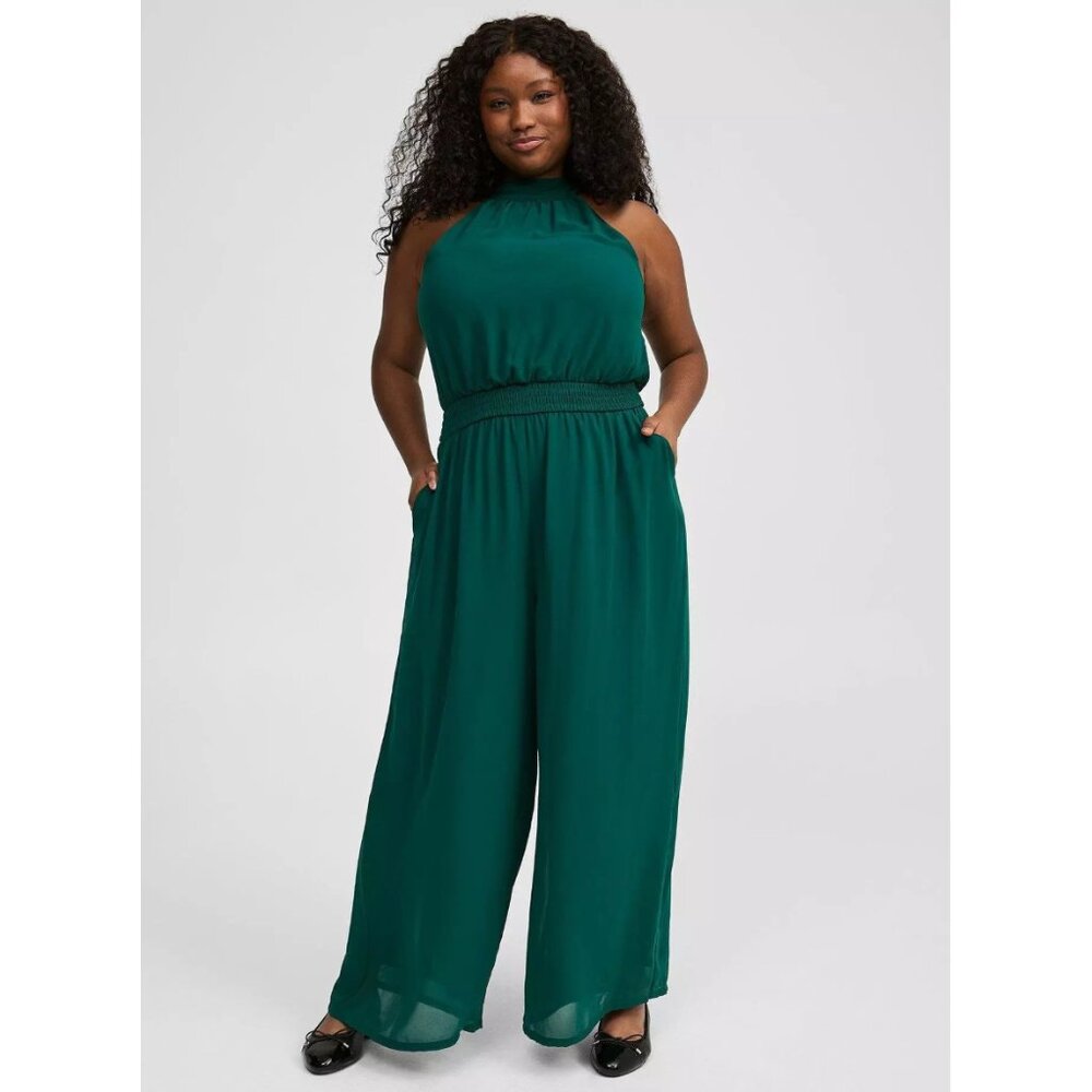 Torrid Botanical Green Chiffon Halter Jumpsuit - Size 1